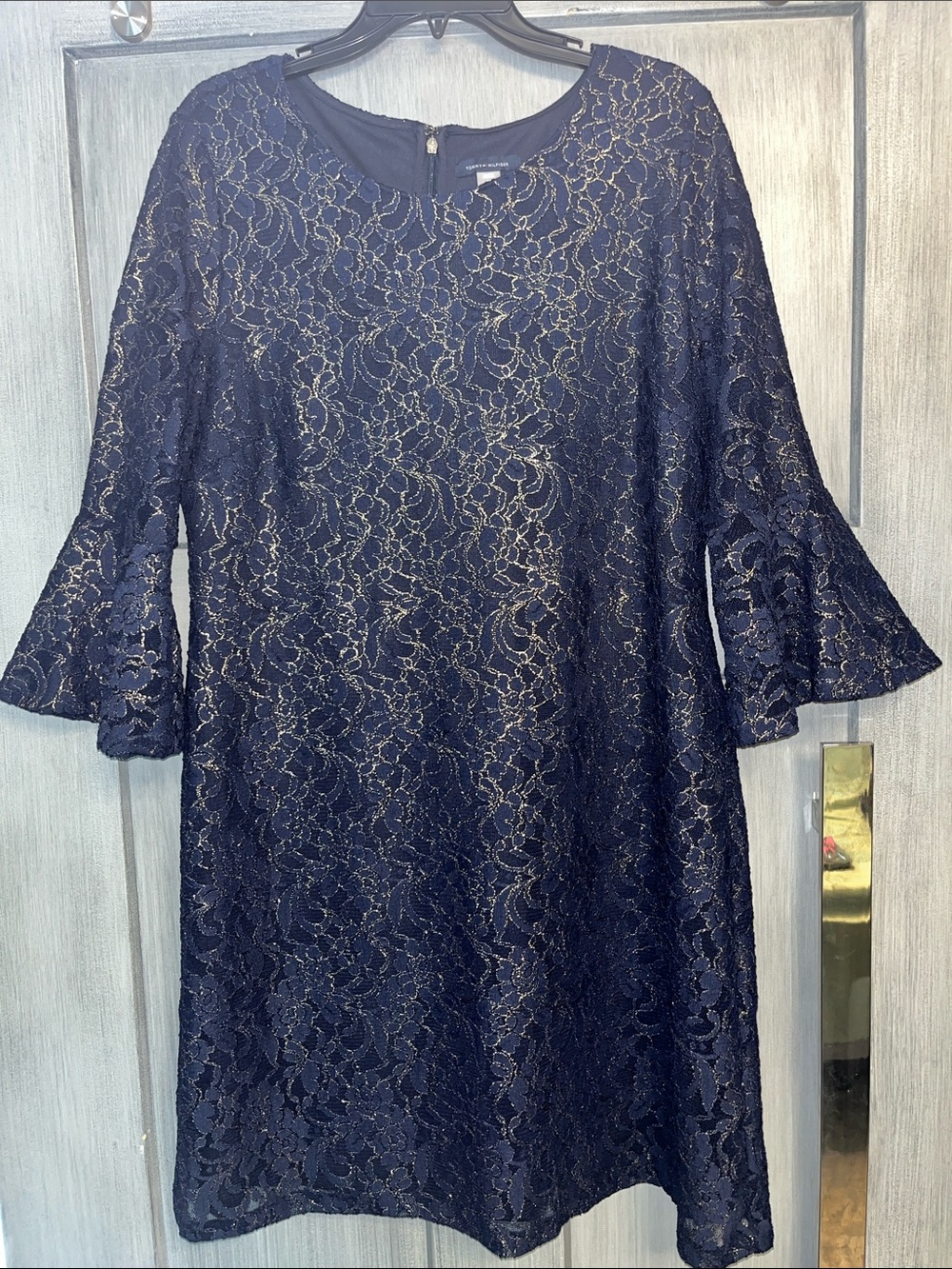 Tommy Hilfiger Sz 14 Navy & Gold  Lace Bell-Sleeve Midi Dress, special event